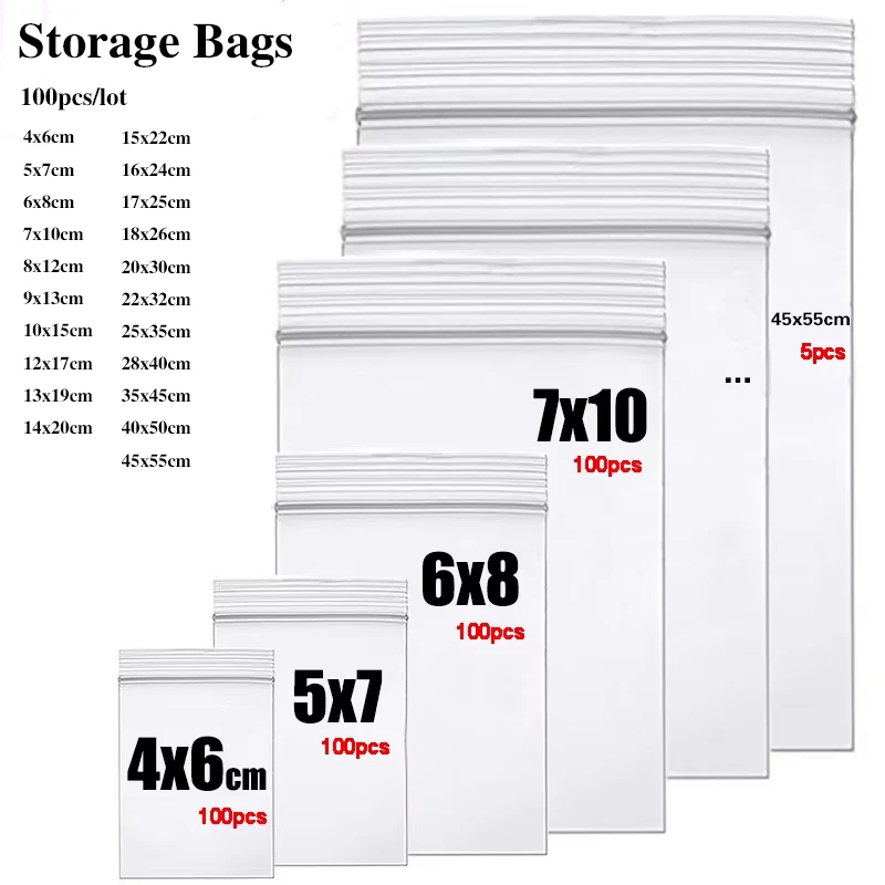 100pcsThick Zip Lock Ziplock Storage Bags Heavy-Duty Transparent Plastic Zip Package Small Jewelry Packing Reclosable Poly Pouch