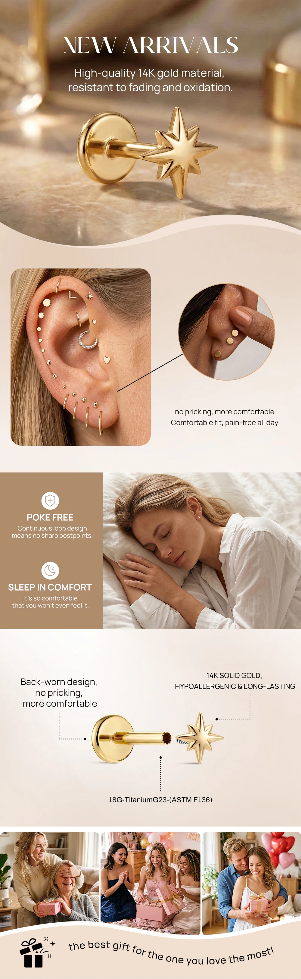 AIDE Mini-Piercing-Ohrringe aus 14-karätigem massivem Gold, glänzend, Herz-/rund-/sternförmig, für Damen, in verschiedenen Größen, klassischer Hochzeits- und Brautschmuck, luxuriöser Schmuck – Detail 9