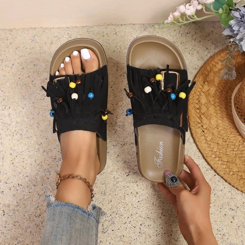 

Women Platform Slippers Fringe Tassel Slip on Slide Sandals Suede Open Toe Casual Bohemian Summer Beach Vacation Walking Shoes