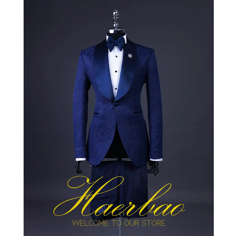 Traje de hombre de 2 piezas, traje de boda clásico de Jacquard azul marino para hombre, esmoquin, chaqueta bonita, pantalones, traje ajustado