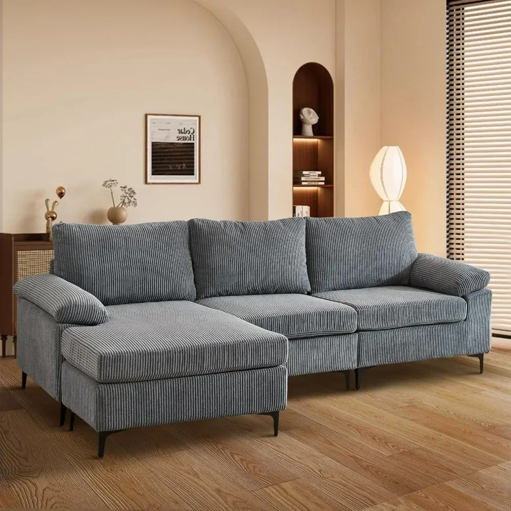 

%100-дюймовый вельветовый раскладной секционный диван-куше для гостиной, L-образный диван с двусторонним шезлонгом (серый)