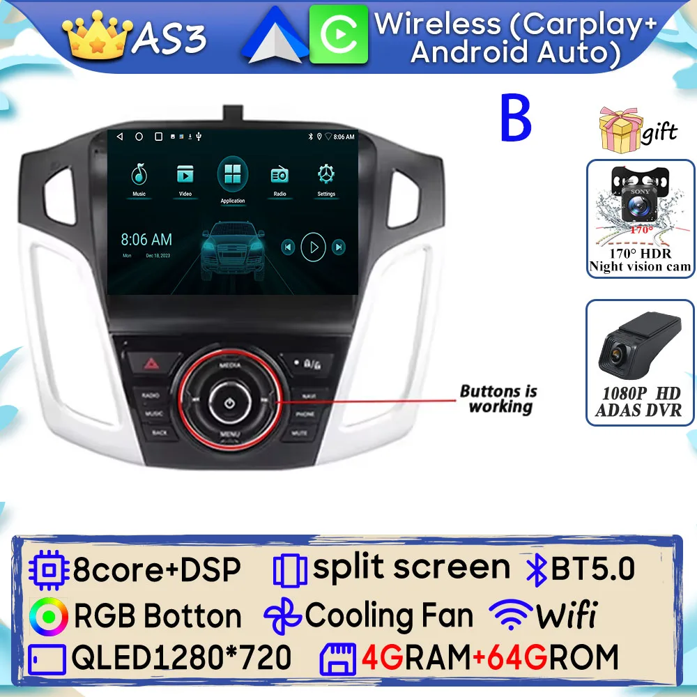 Android 15 Autoradio Voor Ford Focus 3 Mk 3 2011 2012 2013 2014 2015-2019 GPS Navigatie Android Auto Carplay Wifi Stereo Geen 2din - afbeelding 1
