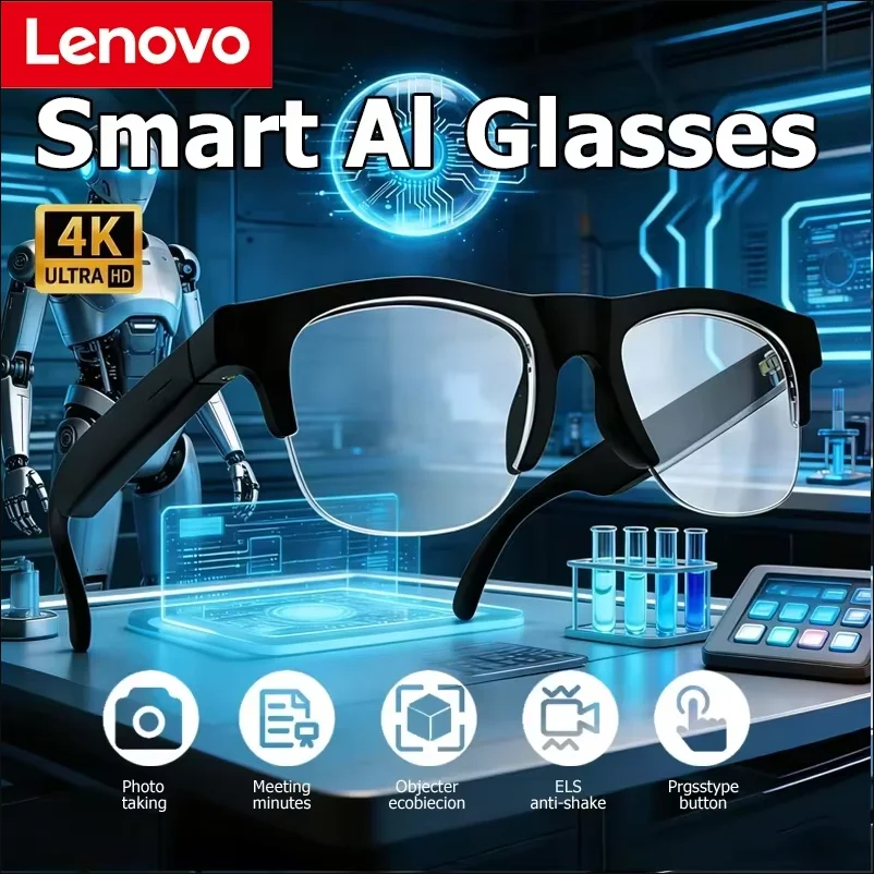 Lenovo New Smart Glasses Voice Assistant with Photo & Remote Control AI Translation Bluetooth Glasses with HD Stereo Sound