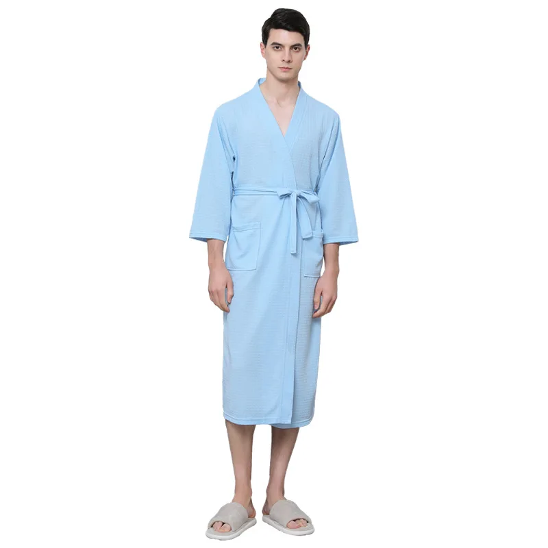 Waffle Transparent Bathrobe Men Women Summer Thin Robe Shower Plaid Dressing Gown Knee Length Breathable Nightgown Home Cloth