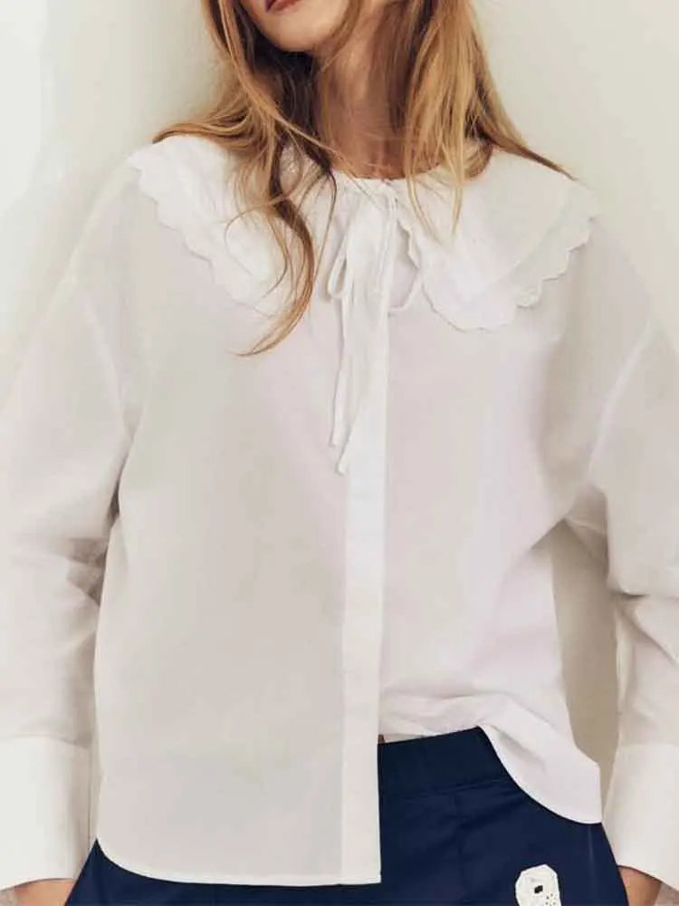 

European style new women's fashion simple white small round lapel poplin comfortable long-sleeved shirt