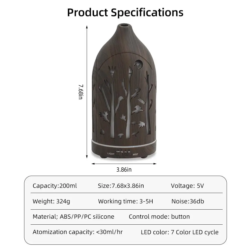 موزع روائح الزيوت العطرية بالموجات فوق الصوتية 200 مل، 7 مصابيح LED ملونة، إيقاف تلقائي، مثالي للاستخدام في المكاتب المنزلية، هدية للعلاج العطري #3