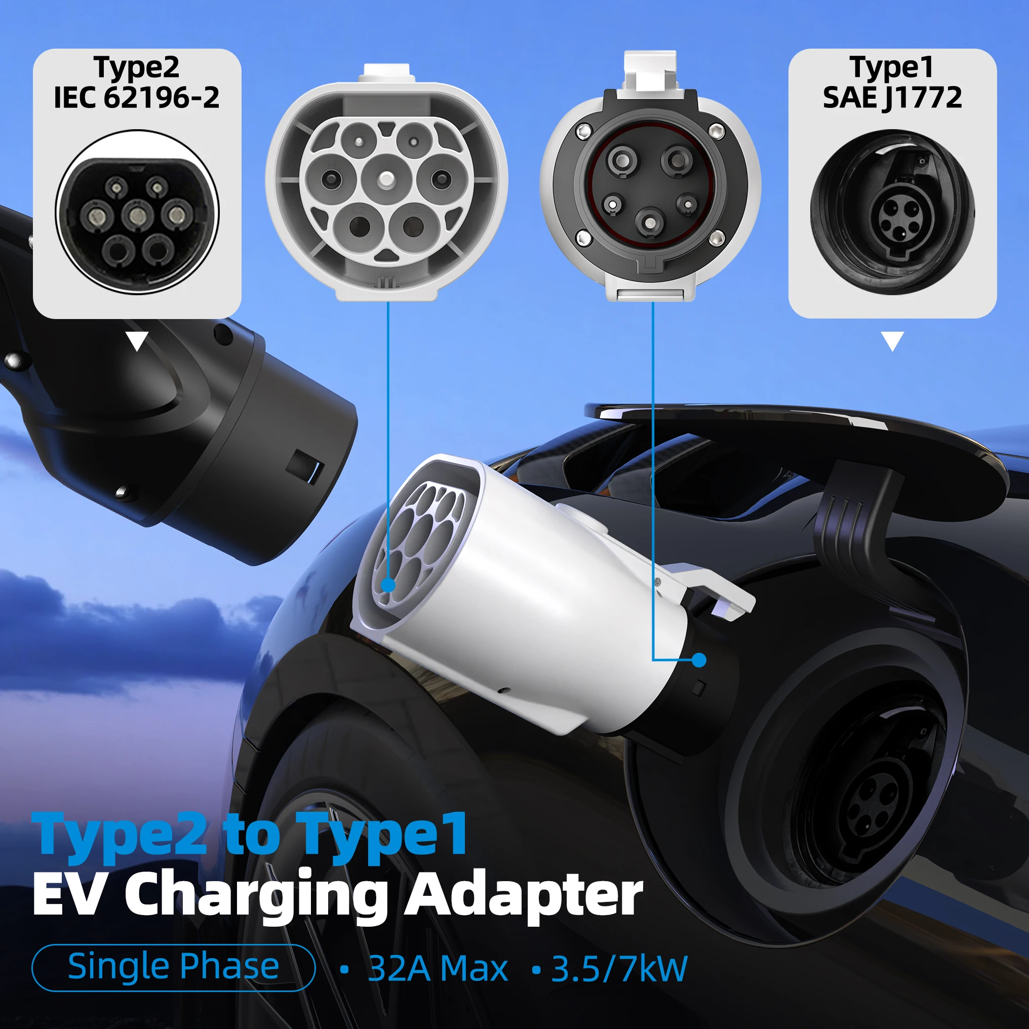 Evsow-電気自動車充電器アダプター,充電器コンバーター32a, 1相,7.2kw max, iec62196からsae-j1772