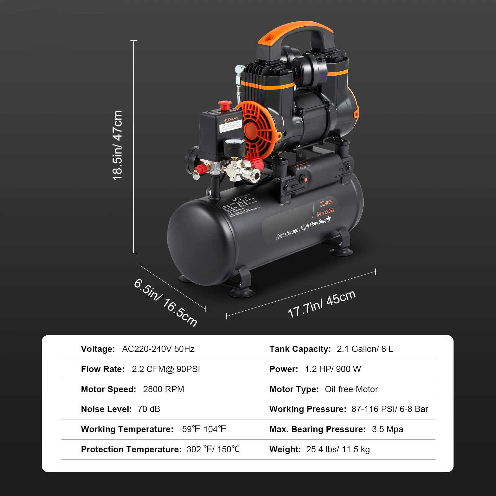 SucceBuy Luchtcompressorpomp 900W 1450W 1800W Stille olievrije draagbare compressor voor reparatie Bandenspanning Fluistercompressor