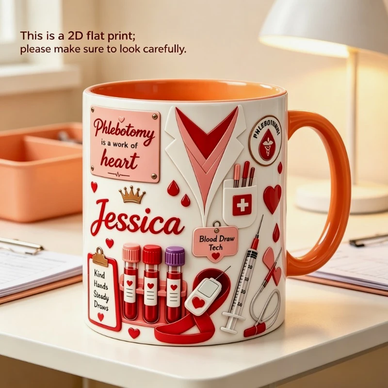 2D Print Custom Phlebotomist Mug Ceramic Coffee Cup 11oz Customizable Name Text Test Tube Syringe Print Microwave Safe Multi Col