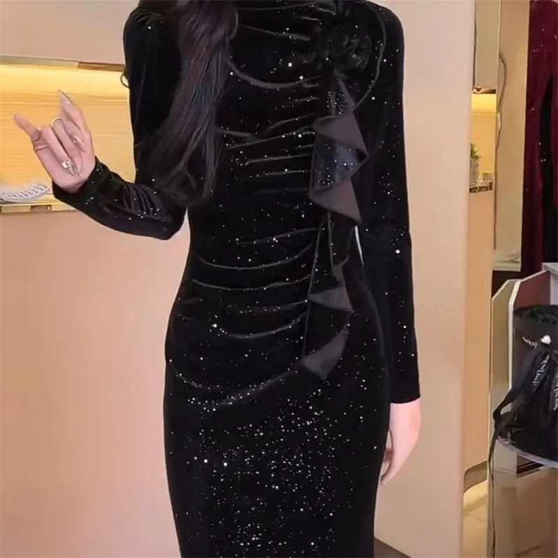 Advanced Ladies Long Sleeves Vestidos French Female Light Luxury Velvet  Long Dresses Spring Autumn Women Solid Color Maxi Dress