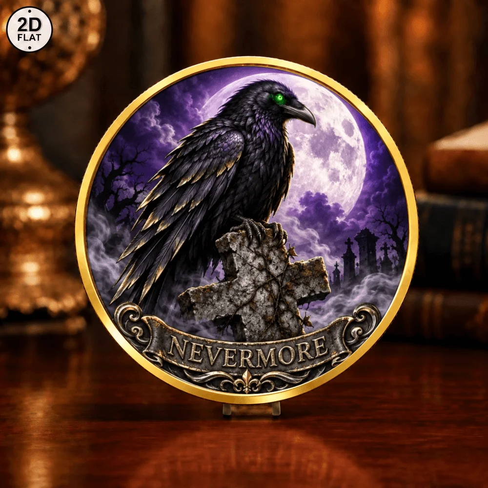 1pc Mysterious Gothic Raven Nevermore Commemorative Coin Color Print Blood Moon Graveyard Souvenir Medal Halloween Keepsake Gift