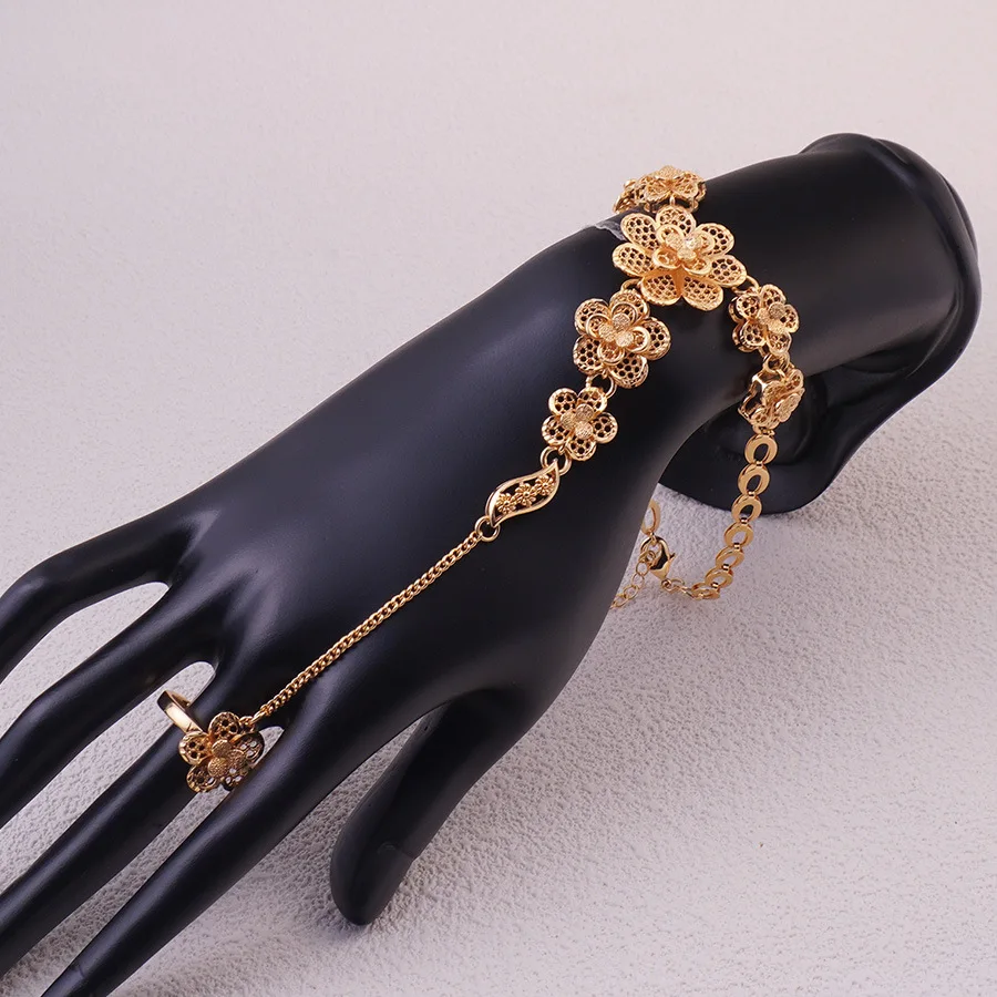 

9999 gold African luxury gold bracelet, Arabian fashionable flower sleeve pendant bracelet with ring set jewelry set for ladies