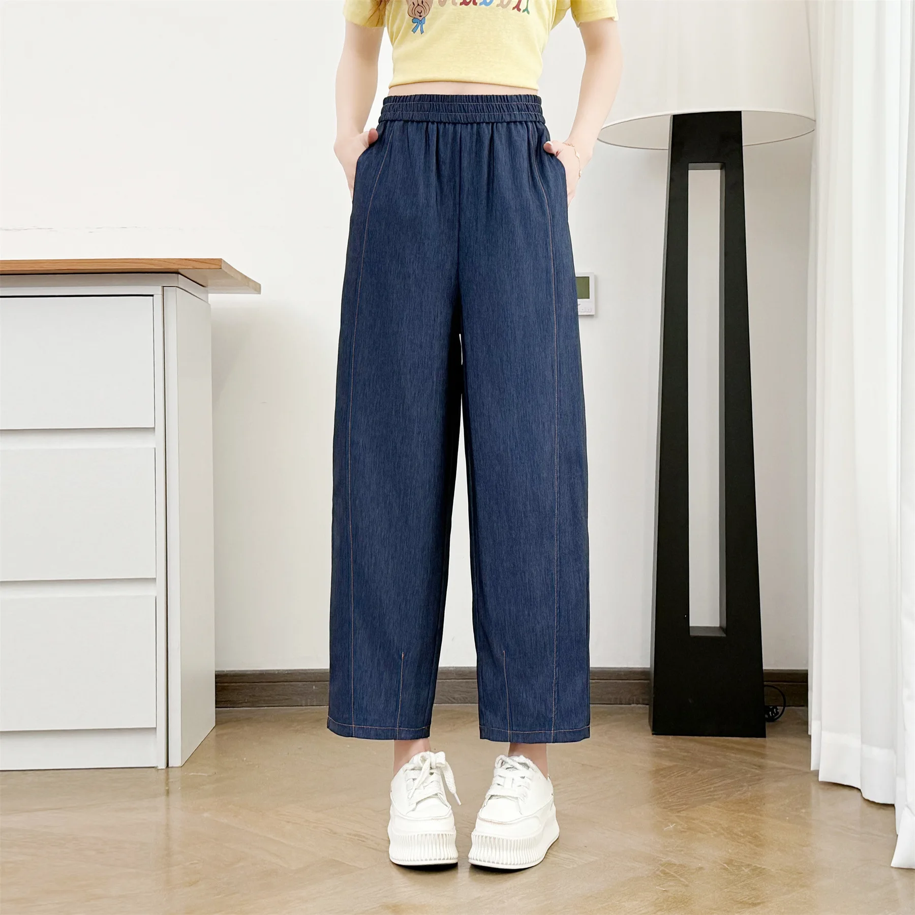 2026 Summer Plus Size Elastic Waist Denim Balloon Pants Stitch Detail Slimming Ankle Length Trousers For Curvy Ladies 9829