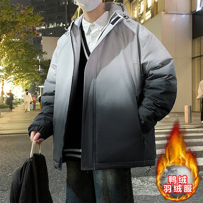 

Fashion Winter Men's Casual Warm Duck Down Jackets Youth Streetwear Gradient Hooded Puffer Coats Thick Down Padded Parka Clothes