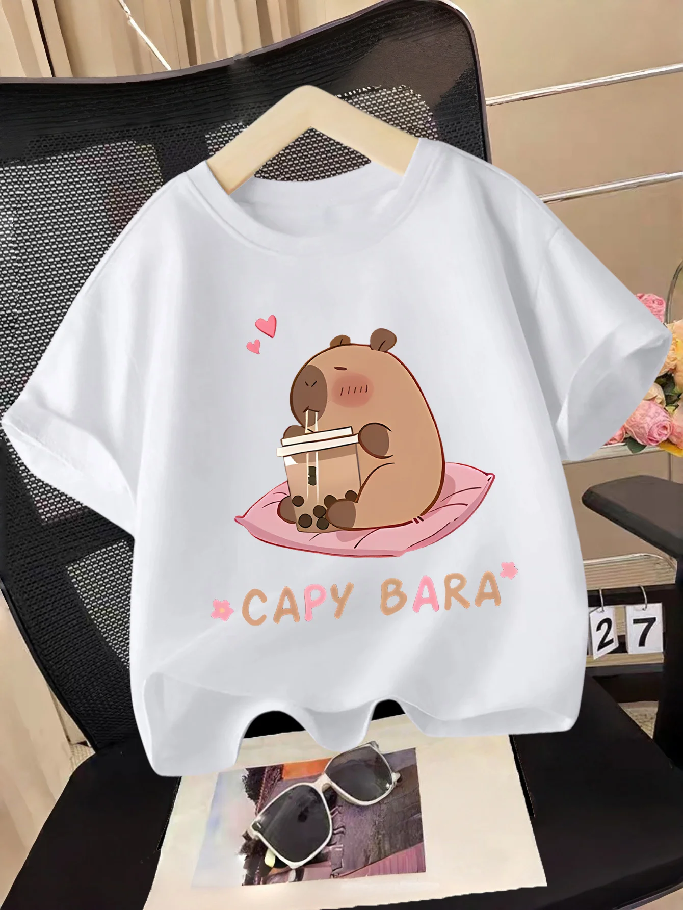 Cute Capybara Drinking Bubble Tea Cartoon Animal Letter Graphic T Shirt Family Matching Boys Girls Kids Short Sleeve Daily Tees