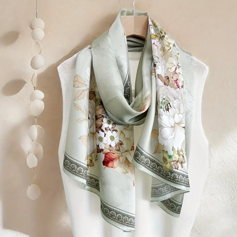 

100% Mulberry Silk Long Scarf for Women Large Oblong Shawls for Headscarf Neck- Oblong Hair Wraps Gift Packed Mint Floral Print