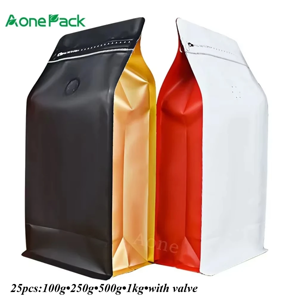 25pcs Fashioned Matt Black White Colorful Roast Coffee Bean Packaging Bag With Valve T-Zipper 125g 250g 500g 1kg Box Bottom Bags