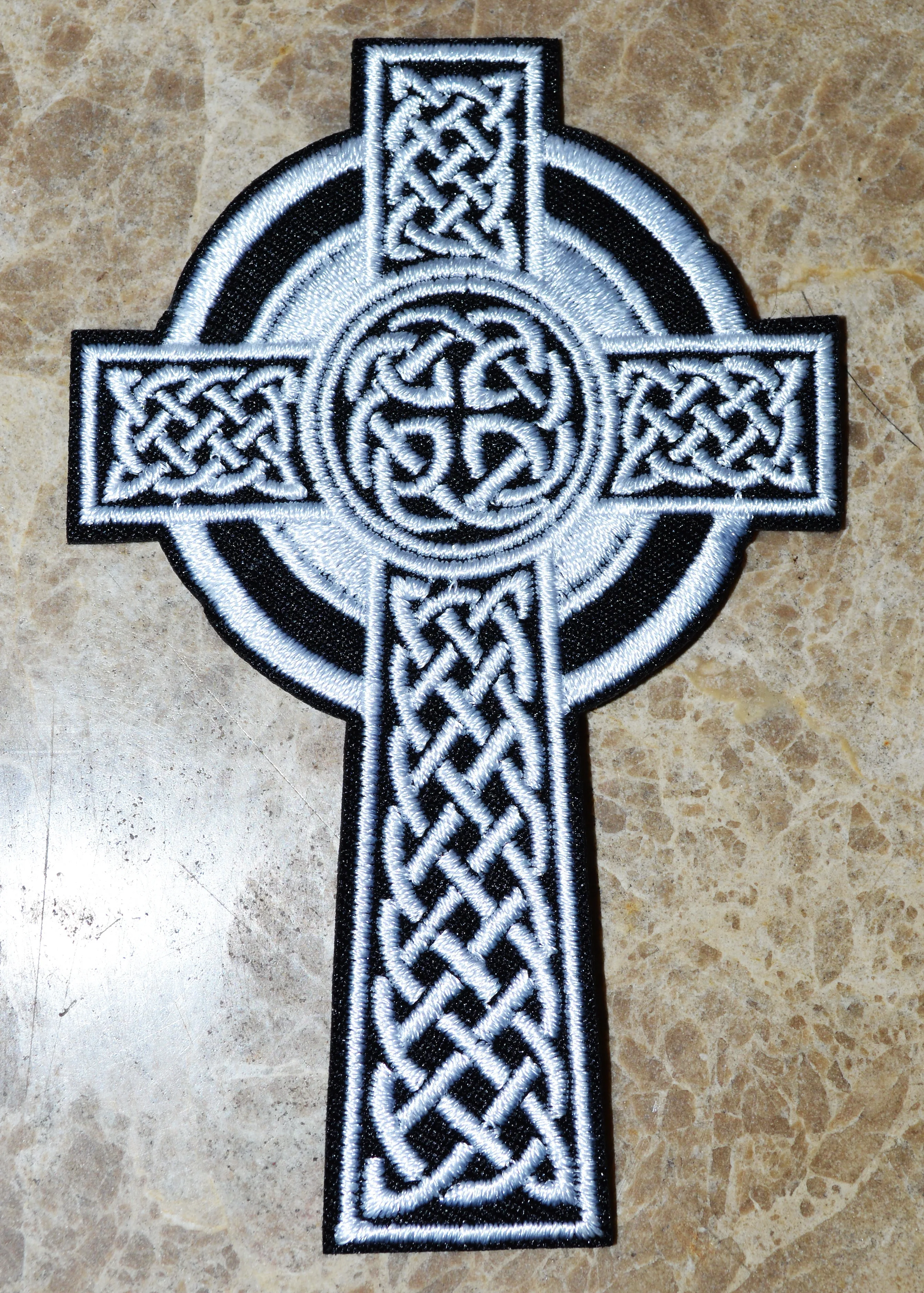White Iron on Patch 6x9.8cm Embroidered Irish Christian Religious Emblem Cross for Clothing Accessories