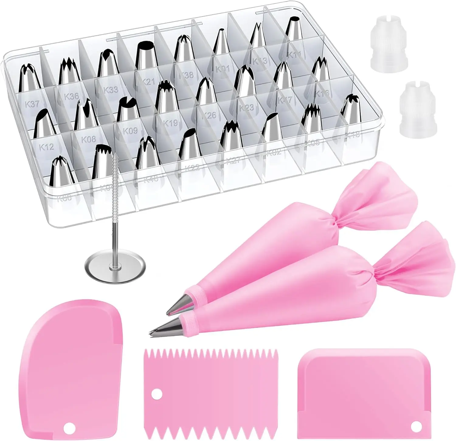 Juego de 32 Piezas de Bolsas y Boquillas para Decoración de Pasteles con 24 Boquillas, 2 Bolsas Reutilizables, Kit para Decorar Pasteles, Galletas y Cupcakes