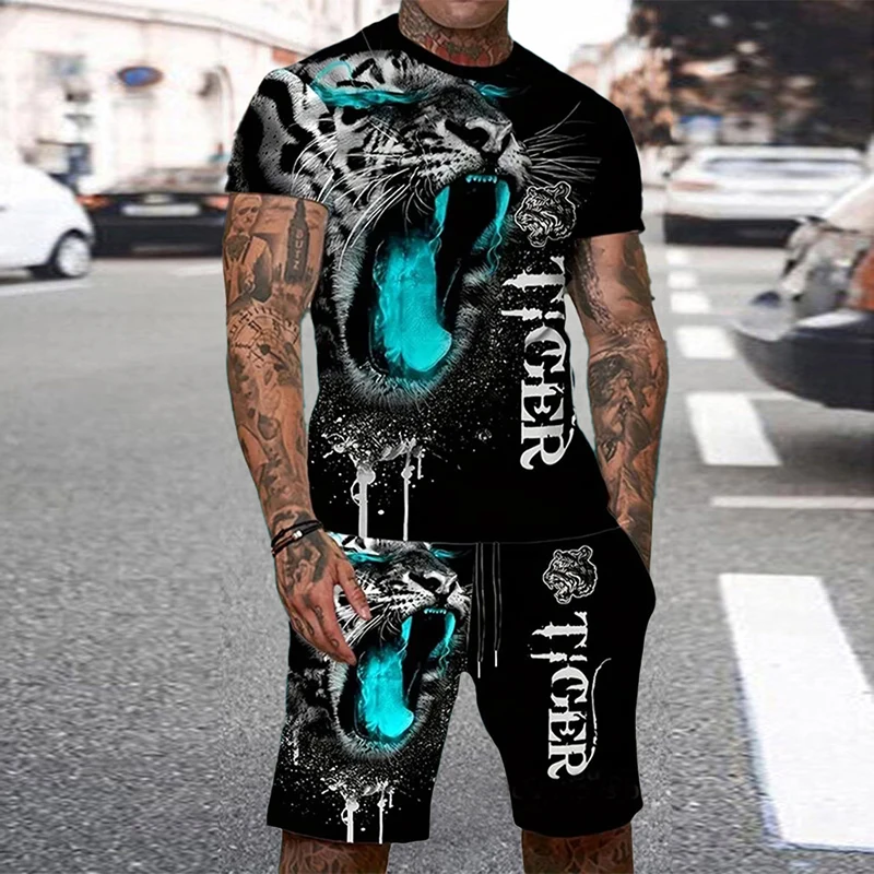Tiger 3D-Druck Sport feuchtigkeitsableitend atmungsaktiv Herren Rundhals T-Shirt Shorts Outdoor Fitness Laufen Casual Street Fashion Set