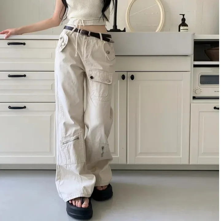 

Шикарные женские джинсы-карго с высокой талией, широкими штанинами, прямым кроем, в стиле ретро, американские уличные, с множеством карманов, летние, длинные брюки