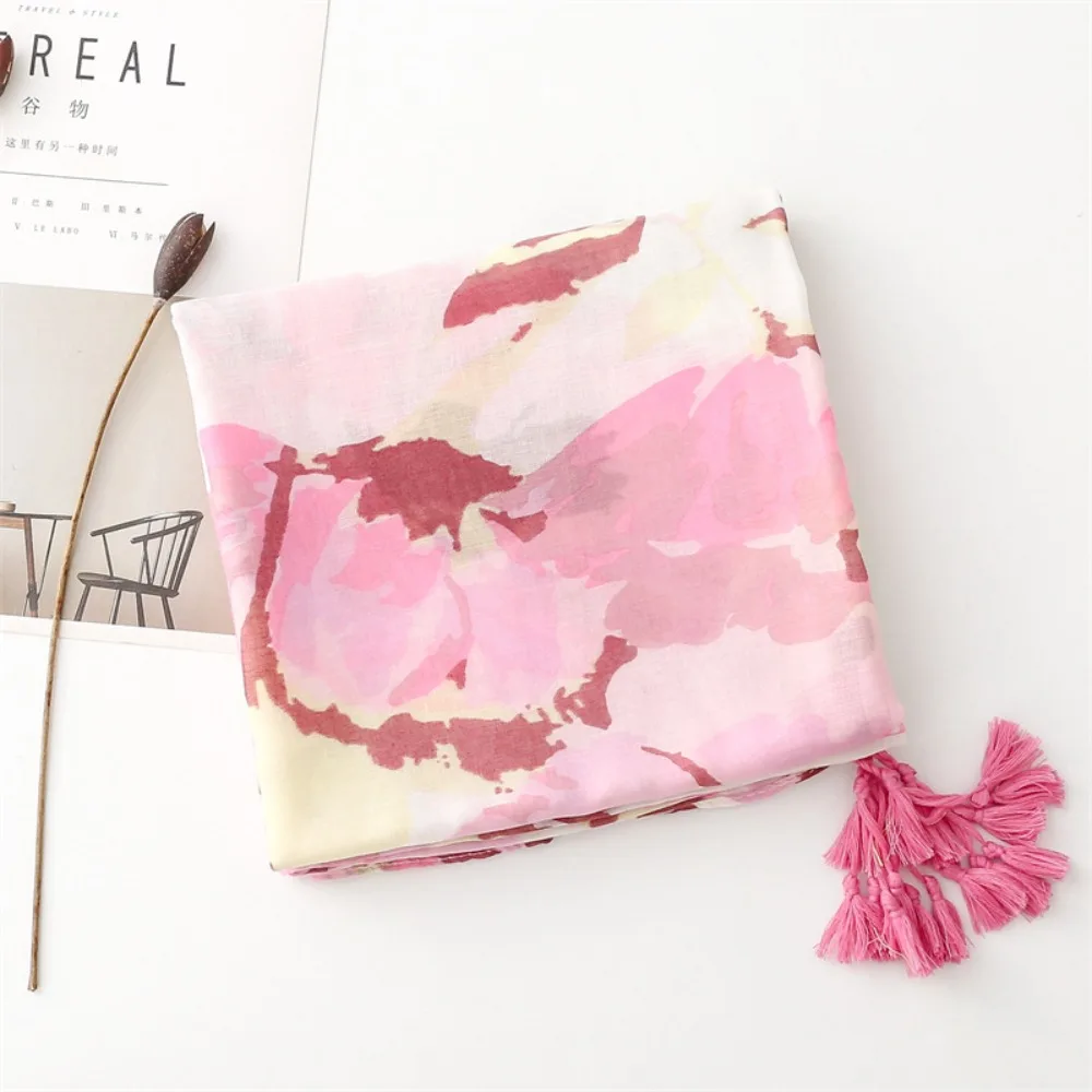 

Korean Tassel Viscose Shawl Scarf Wash Painting Style Elegant Chiffon Shawl Wrap Printing Luxury Soft Thin Scarf Lady