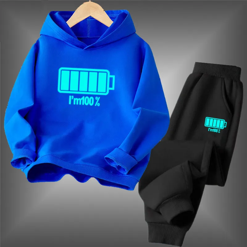 

New Glowing Battey Print Teens Hoodie Set Unisex Kids Pullover Hooded Top and Pants Outdoor 2PC Clothes Suit For Spring Fall