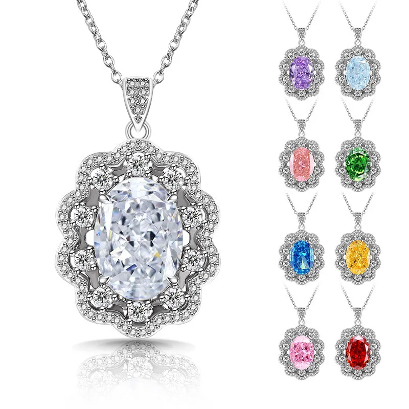 

Fashion 925 sterling silver high carbon diamond oval pendant flashing colored gemstone ice flower cut pigeon egg necklace