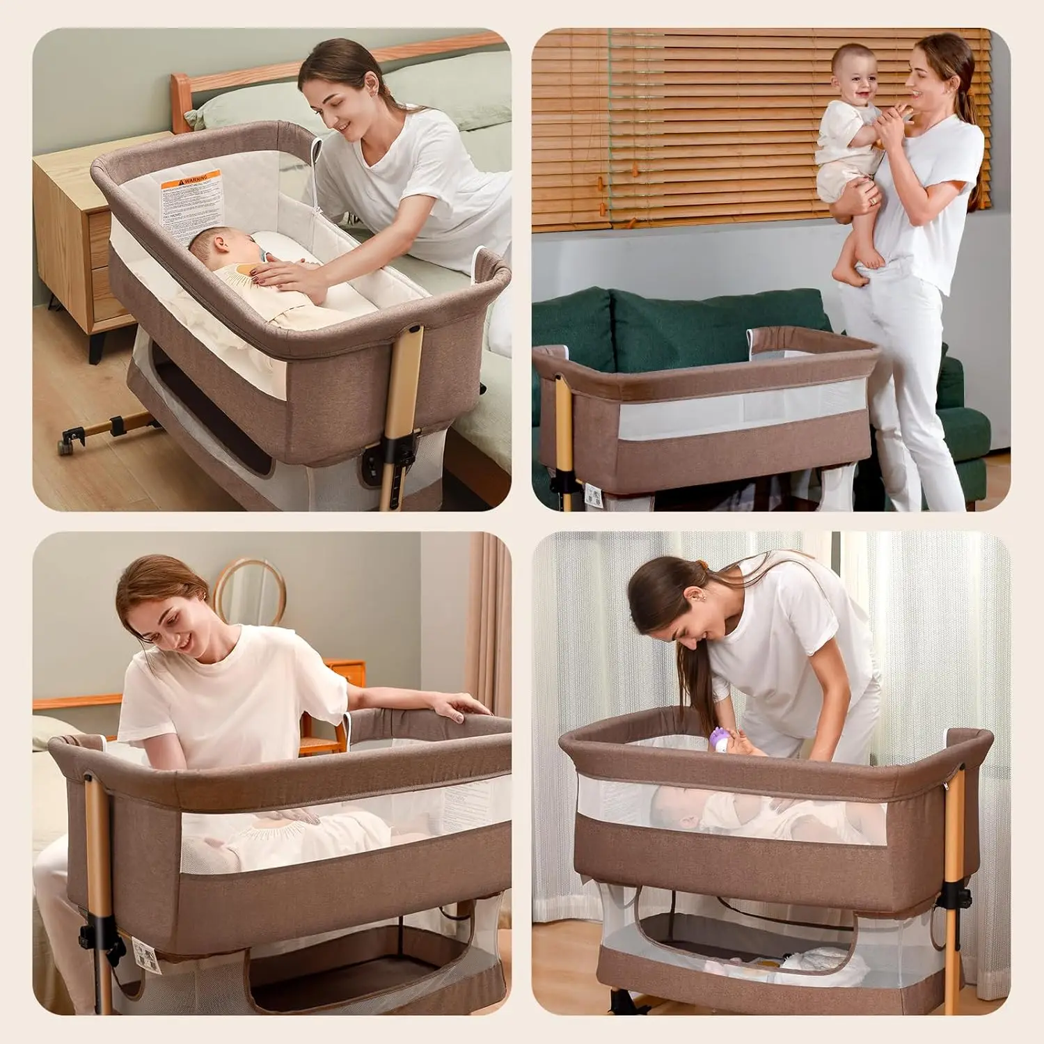 Berço, berço de bebê 3 em 1, berço de cabeceira, cama portátil ajustável para infantil, bebê recém-nascido, deve ter cama, cáqui