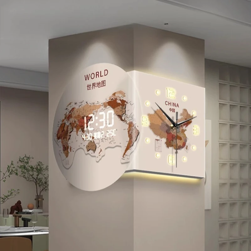 

World Map Corner Wall Clock Nordic Double-Sided Digital Clock Perpetual Calendar Mural Villa LED Silent Wall Clock Home Decor