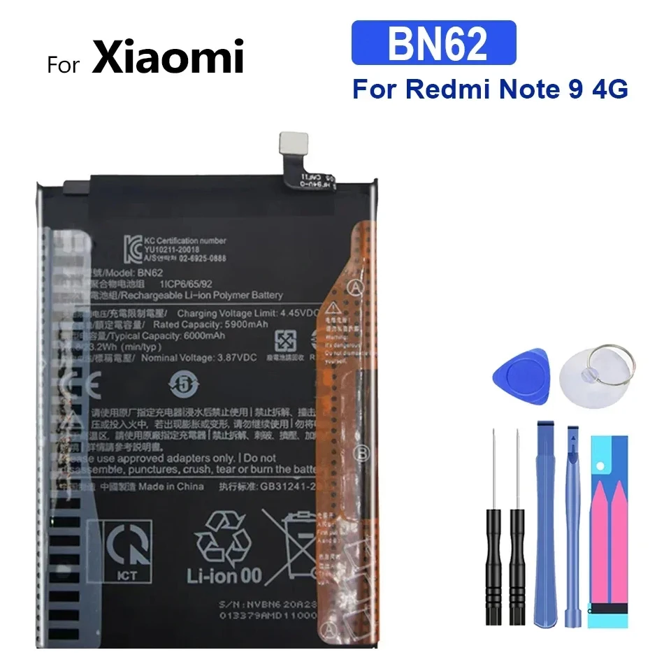 Battery BN62 6000Mah For Xiaomi Redmi Note 9 4G Replacement Batteries Bateria + Tools