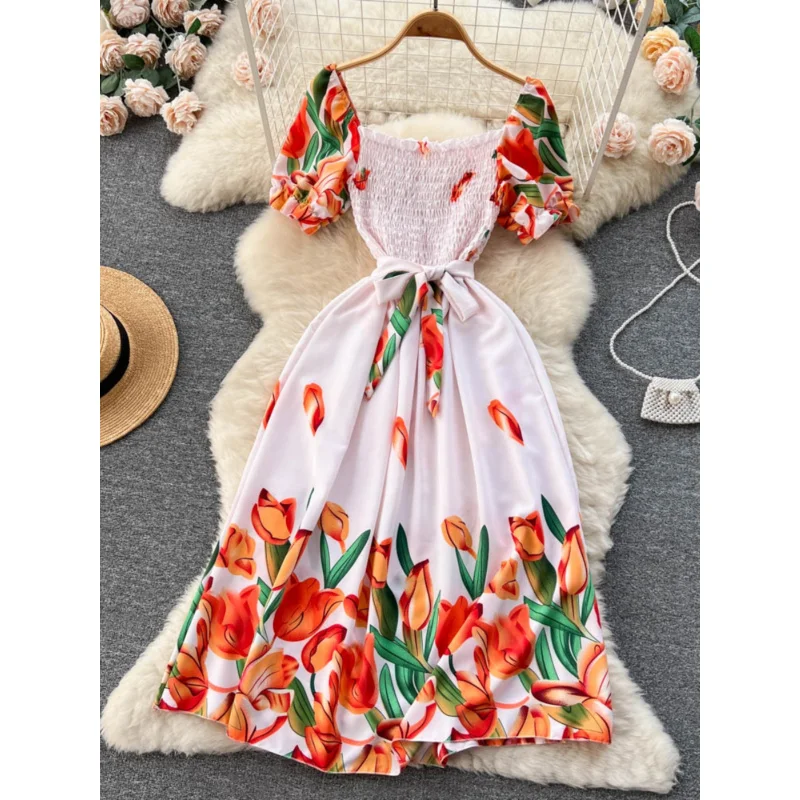 INS femmes été chic mince imprimé floral bandage robe midi décontracté col carré streetwear a-ligne vestido de festa robe de plage
