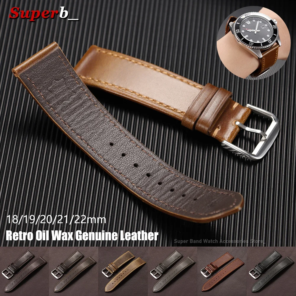 Vintage Genuine Calfskin Leather Strap 18mm 19mm 20mm 21mm 22mm Bracelet Oil Wax Discoloration Leather Watchband Soft Watch Band