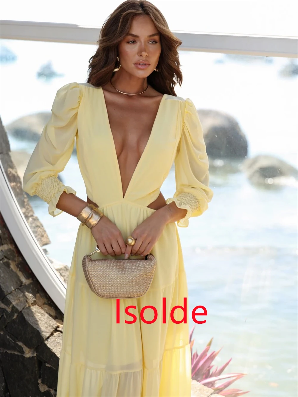 Personalizado macio amarelo chiffon vestido de noite requintado com decote em v mangas compridas vestidos de baile formais vestidos de ocasião especial
