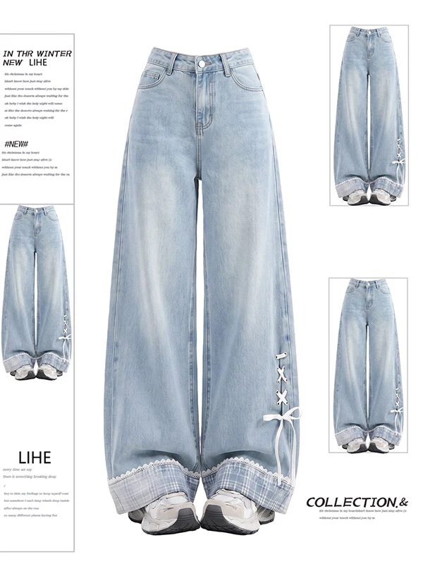 Summer New High Waist Wide Leg Denim Pants Women's Bowed Tie Flip Straight Tube Long Jeans Casual American Style High Waist
