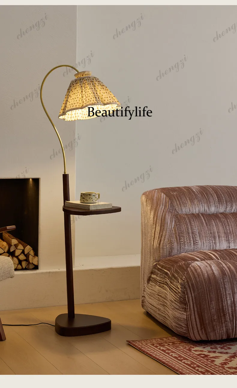 French retro floor lamp antique living room, bedroom shelves integrated, reading desk lamp