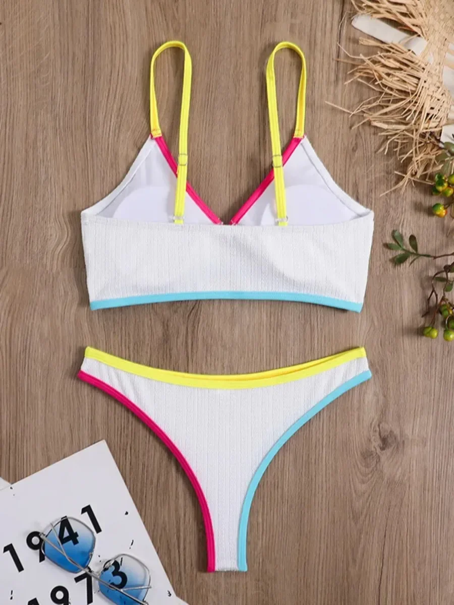 White Patchwork Swimsuit for Women 2025 New 2 Piece Color Contrast High Waist Bikini Sexy Hollow Out V-neck Suspender Swimwear