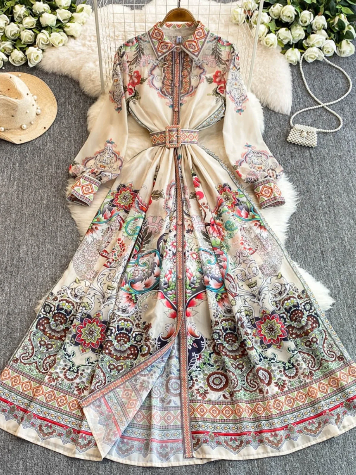 Elegant Flower Long Maxi Dresses Shirt Women 2025 Spring Summer Single Breasted Belt Palace Style Full Sleeve Party Vestidos