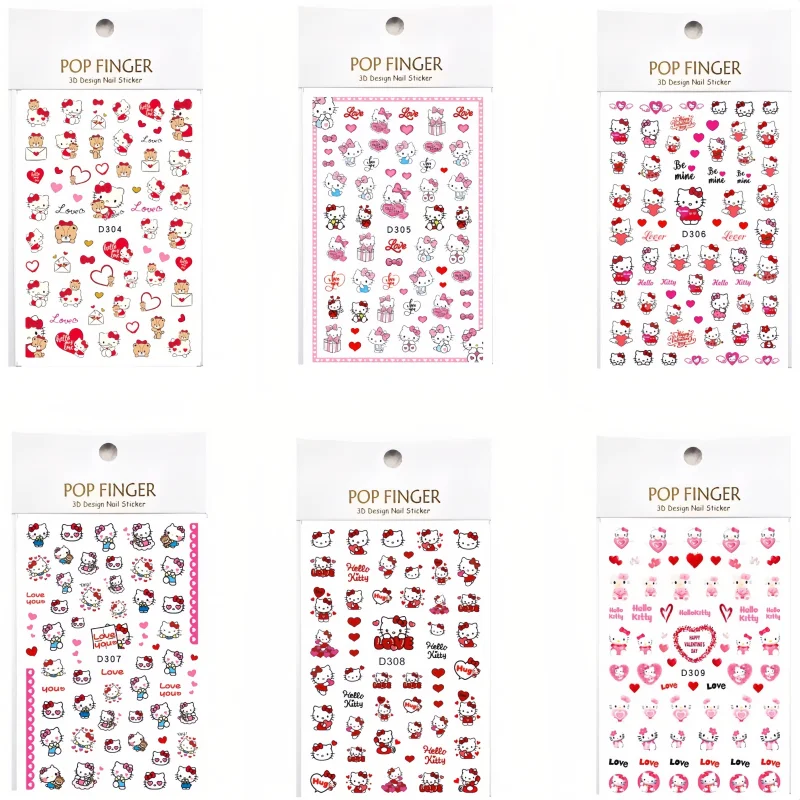 6PCS Tomoni Sanrio Valentine's Day Hello Kitty Nail Stickers Cartoon Melody Nail Supplies ‌Cinnamoroll Kuromi Stickers For Nails