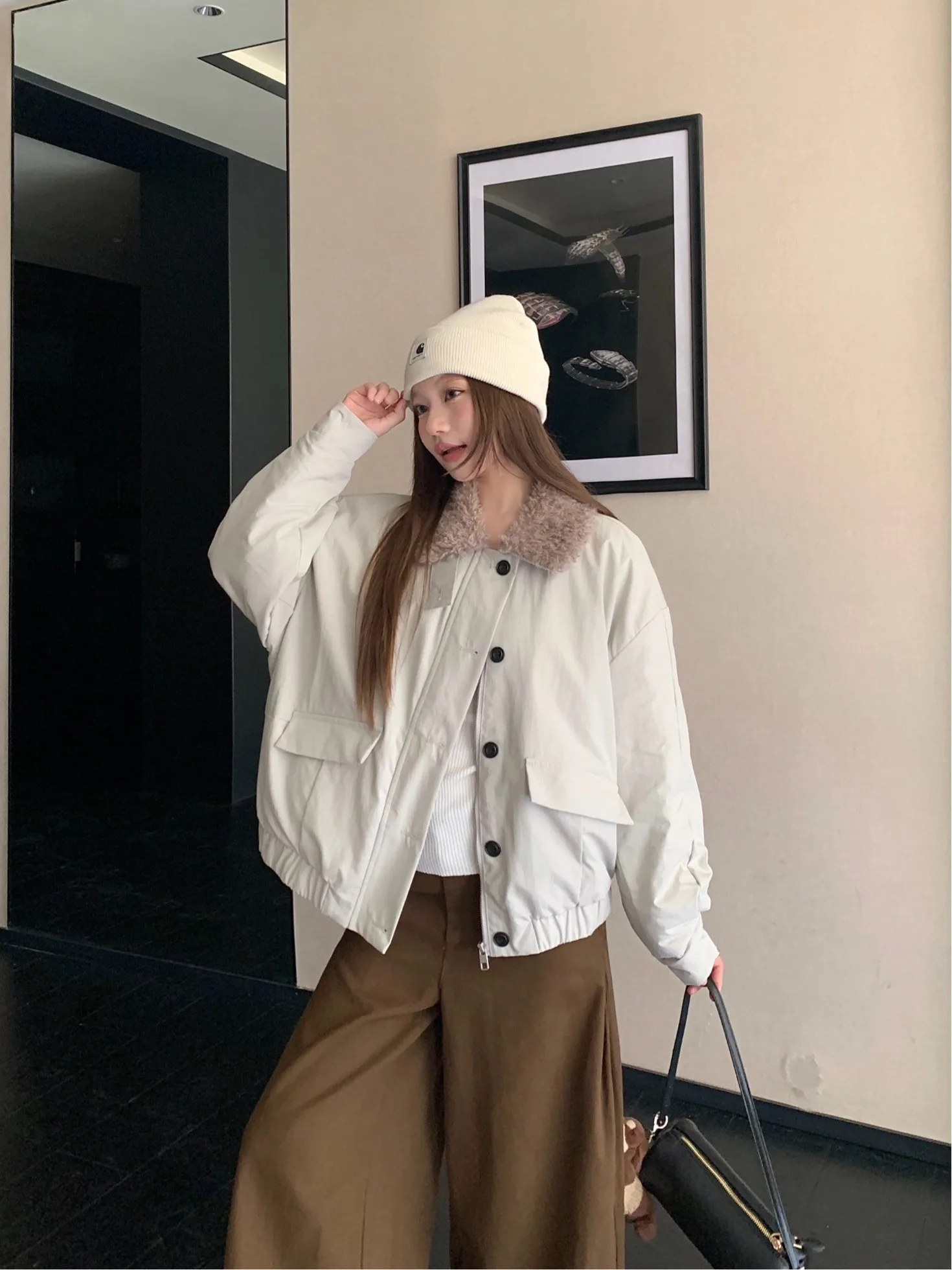 

plus Size Women's Cotton Jacket with Fur Collar Loose Fit Casual Style Winter Outerwear Korean Style Long Sleeve Coat