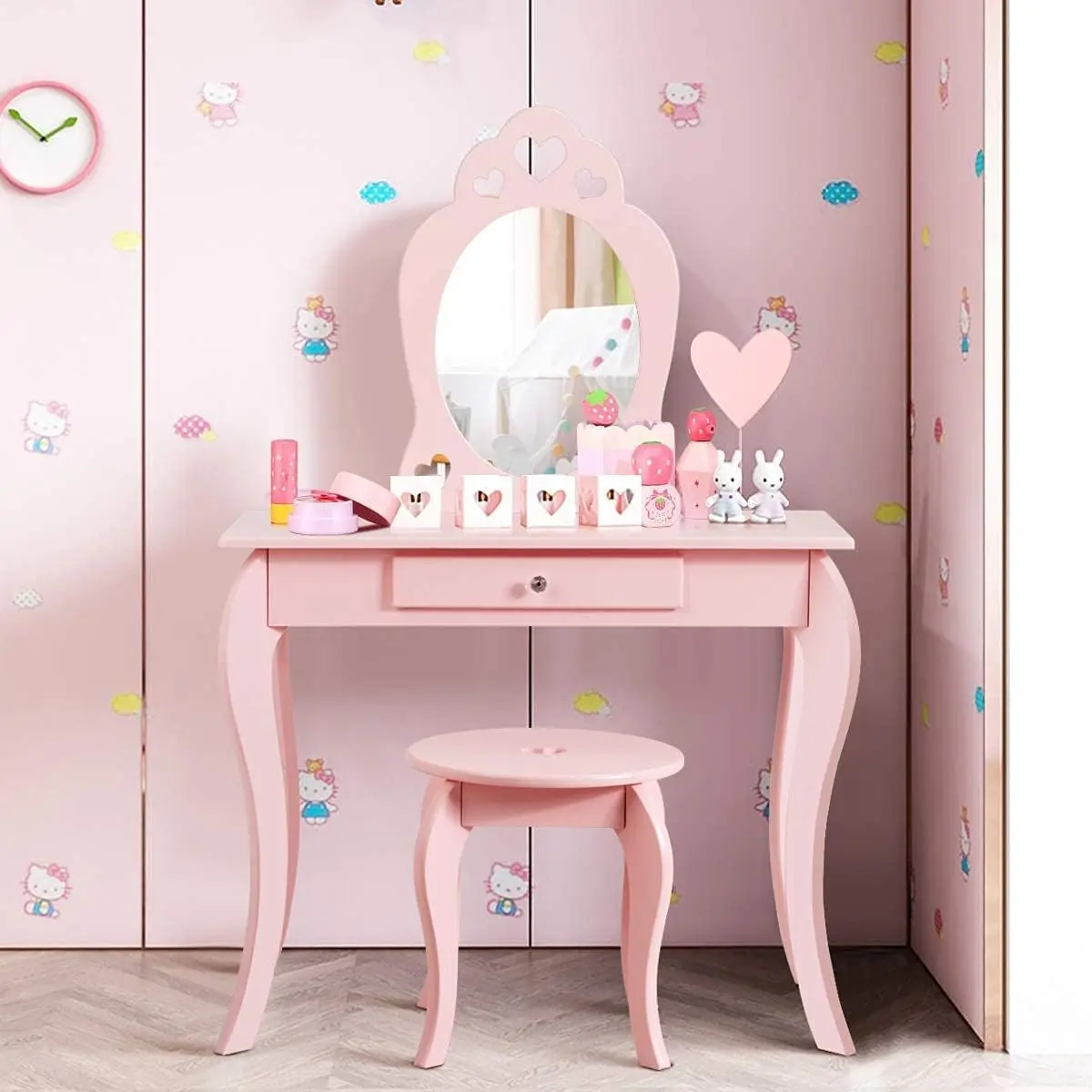 

Kids Vanity Set With Mirror, Toddler Wooden Vanity Table With Stool & Drawer, Removable Top, Princ Pretend Play Beauty Makeup