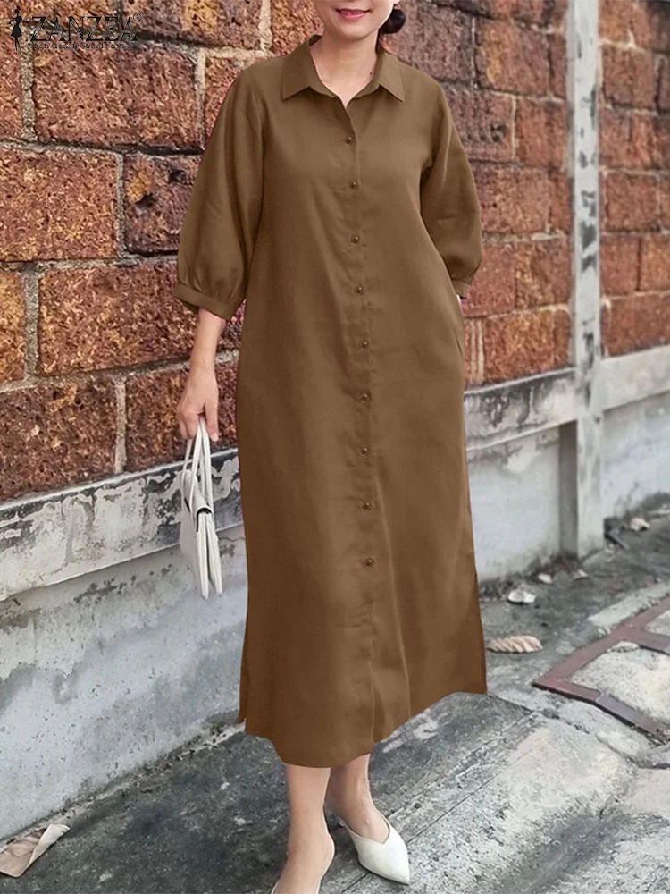 Damen Herbst OL Arbeitskleid ZANZEA 2025, elegantes Reverskragen, 3/4-Ärmel, Bürokleider, stilvolles, solides Hemdkleid, Knöpfe, Midi-Robe