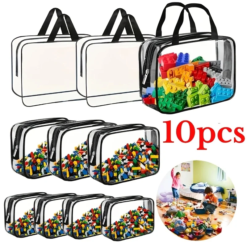 9/10 Pcs Transparent PVC Makeup Organizer Bags with Carry Handles Reusable Zipper Clear Pouches Multifunctional Storage Bags for Travel Toiletries Beach Supplies Home Toys Sundries Storage