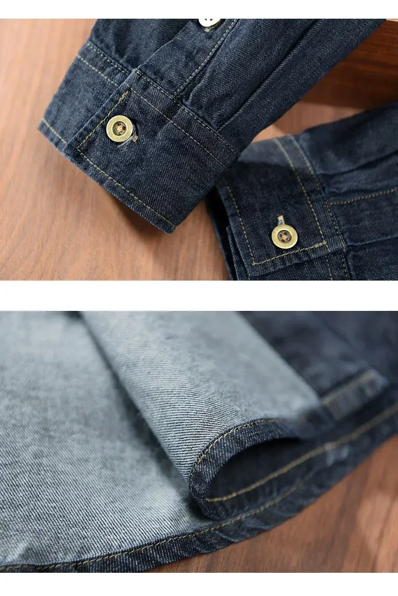 الرجعية طويلة الأكمام قميص دينيم الرجال الشارع الشهير الضوء الأزرق جان القمم متعددة جيب القطن الخالص كاوبوي قميص الذكور قمصان فضفاضة غير رسمية