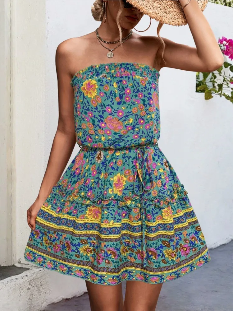 

Spring Summer Women's New Fashionable Bohemian Floral Ragtag Sexy Sleeveless Strapless Lace Up Waist Cinching Short Dress