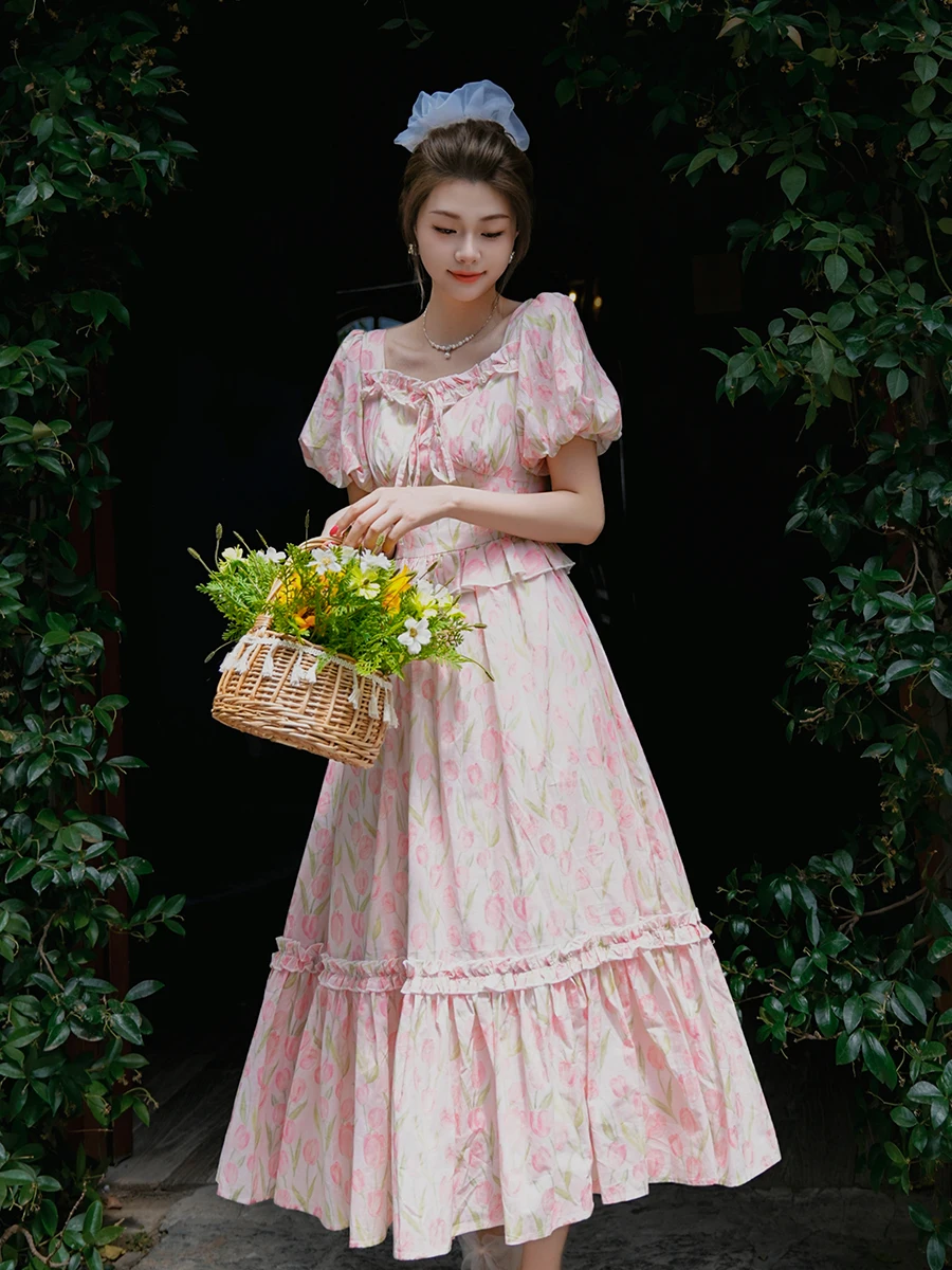 티이하일리 여름 여성 100% 면 꽃무늬 드레스 퍼프 소매 롱 미디 기장 여성용 S-XL 빈티지 하이웨이스트 2025 스퀘어 칼라