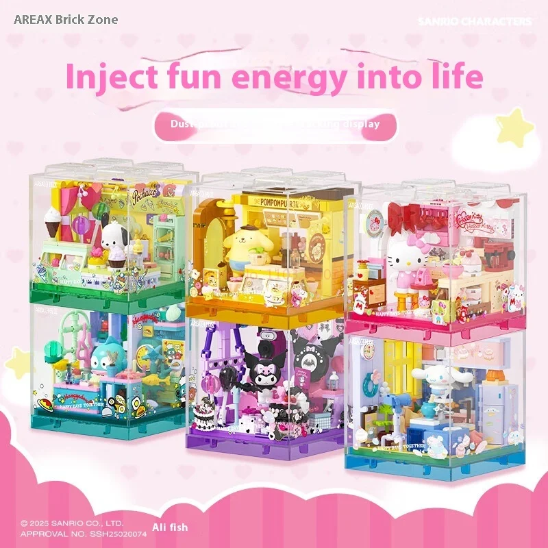 

Sanrio Area-X Building Blocks Blind Box Set with Kuromi Cinnamoroll Hangyodon Mini Shops Kawaii DIY Bricks for Girls Fans