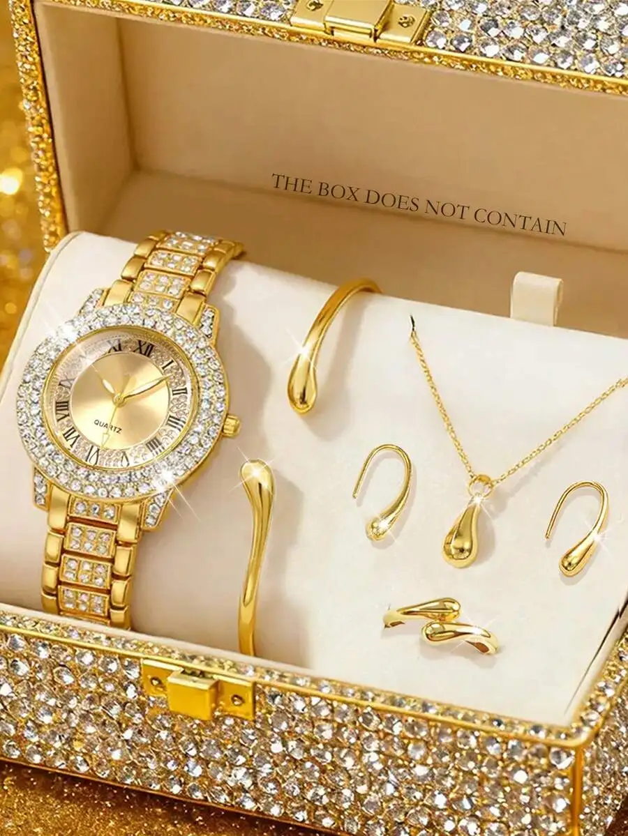 6pcs Elegant Quartz Watch Set, Includes Necklace, Ring, Earrings, Bracelet, Roman Numeral Alloy Dial, Luxury Comfortable Strap,