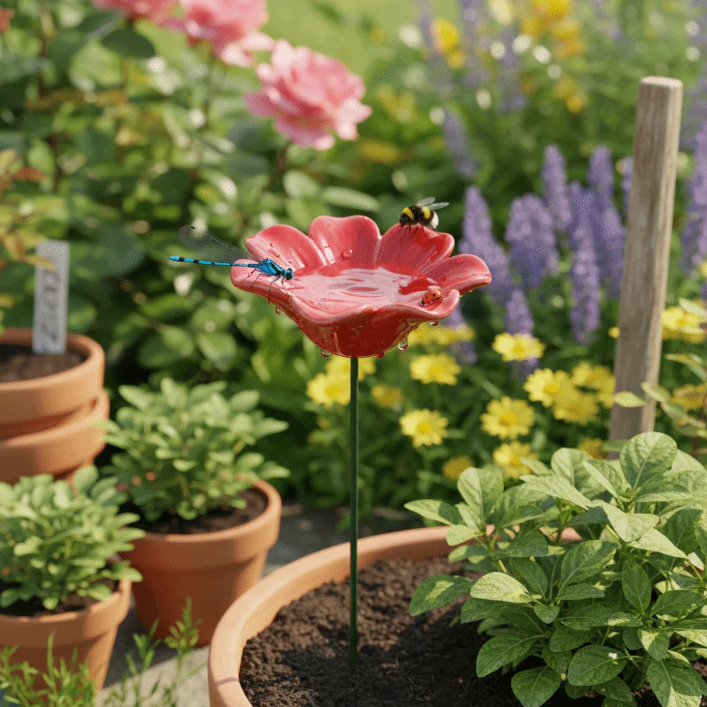 Flower Shaped Bee Butterfly Water Dispenser Colorful Creative Bee Watering Station Ceramic Insect Drinking Cup Outdoor Use