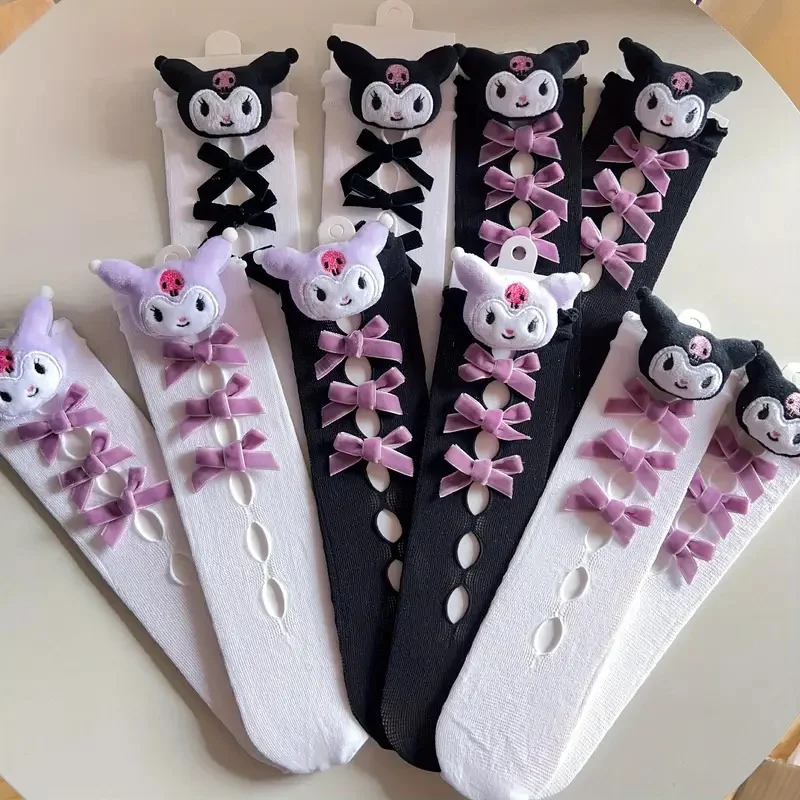 

1 пара модных и милых черных сетчатых полых носков Kuromi с фиолетовым бантом, повседневные носки для девочек в стиле аниме